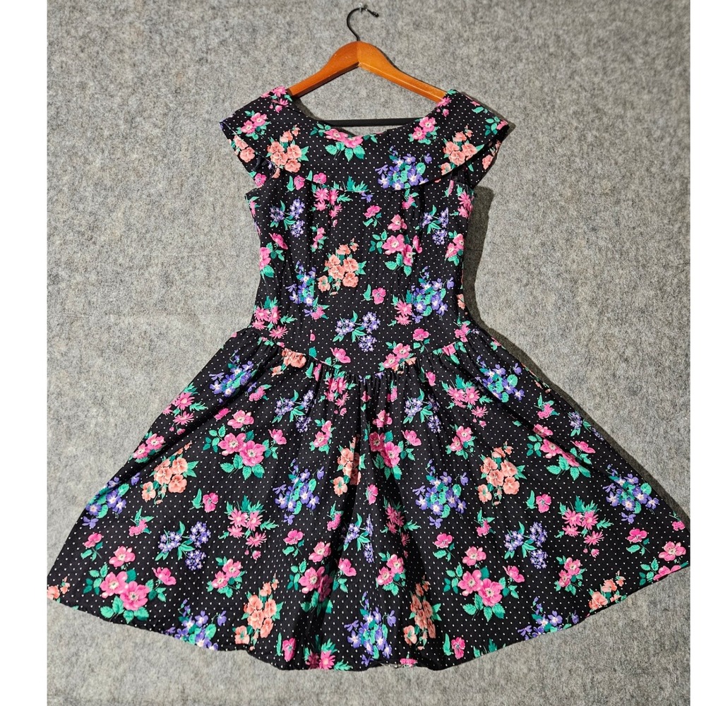 Jodi Michaels Floral Polka Dot Dress Womens Size 9/10 Black Vintage Fit & Flare
